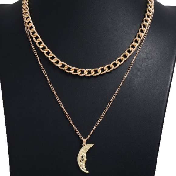 Crescent Moon Double layer Chain Necklace - Picture 1 of 5